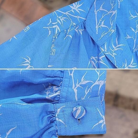 Vtg raw silk blue bamboo print skirt set - Picture 14 of 16